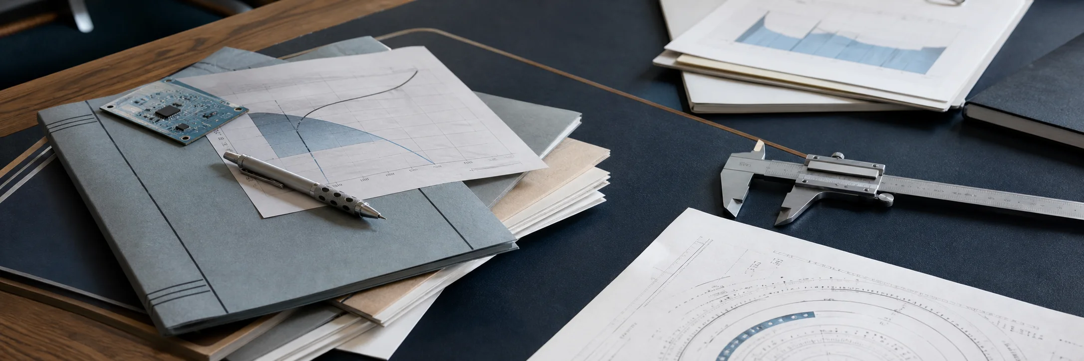 Aktenmappen, technische Diagramme, ein Messschieber und eine elektronische Baugruppe auf einem Arbeitstisch