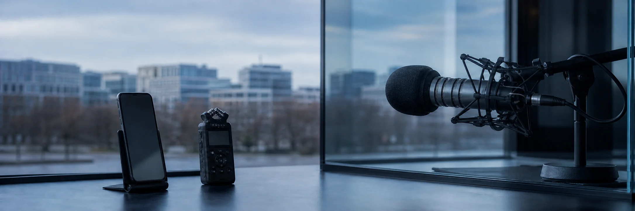 Smartphone, Audiorekorder und Studiomikrofon vor einer neutralen urbanen Kulisse