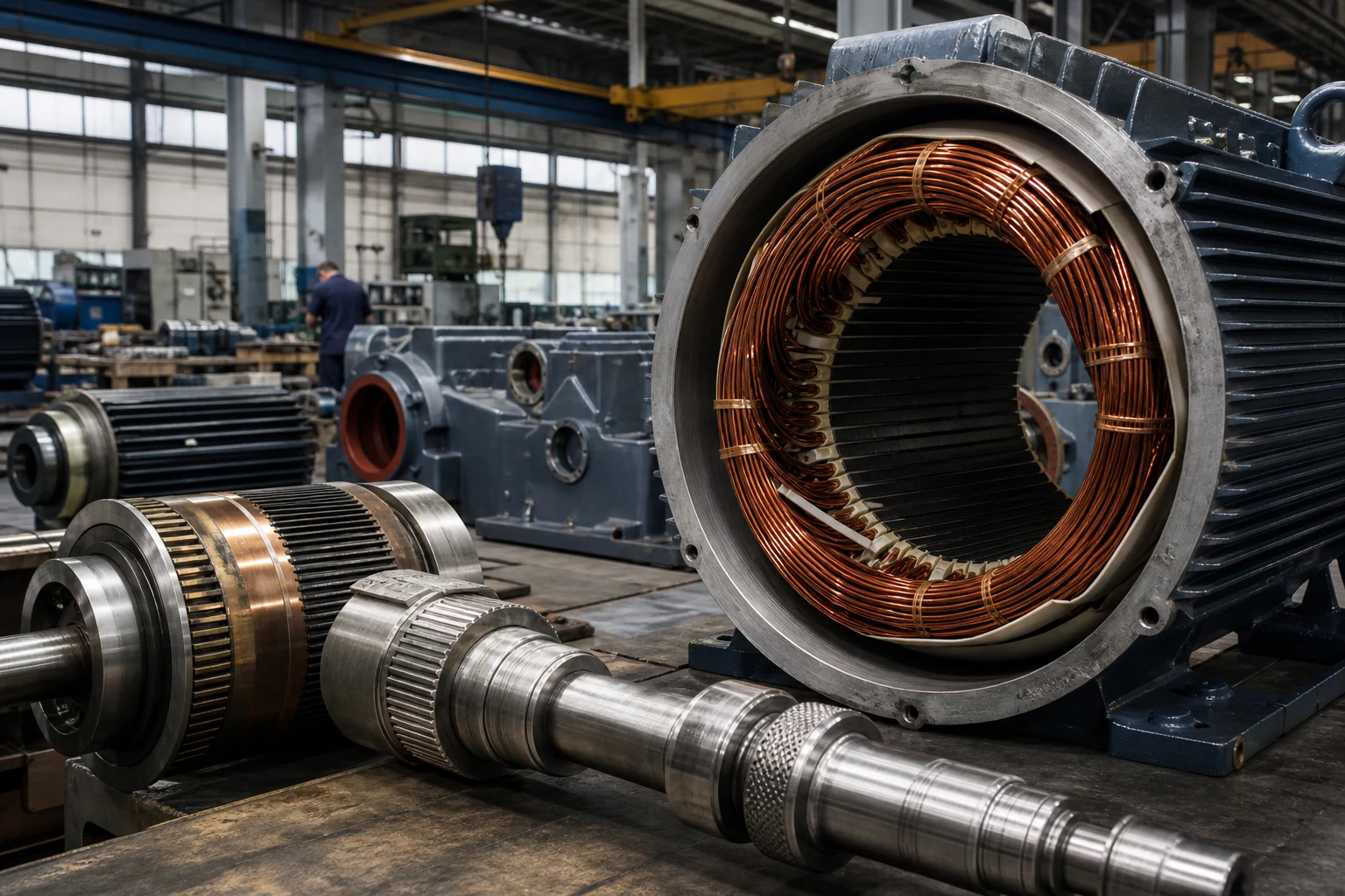 Geöffneter Elektromotor mit Kupferwicklungen in einer Produktionshalle
